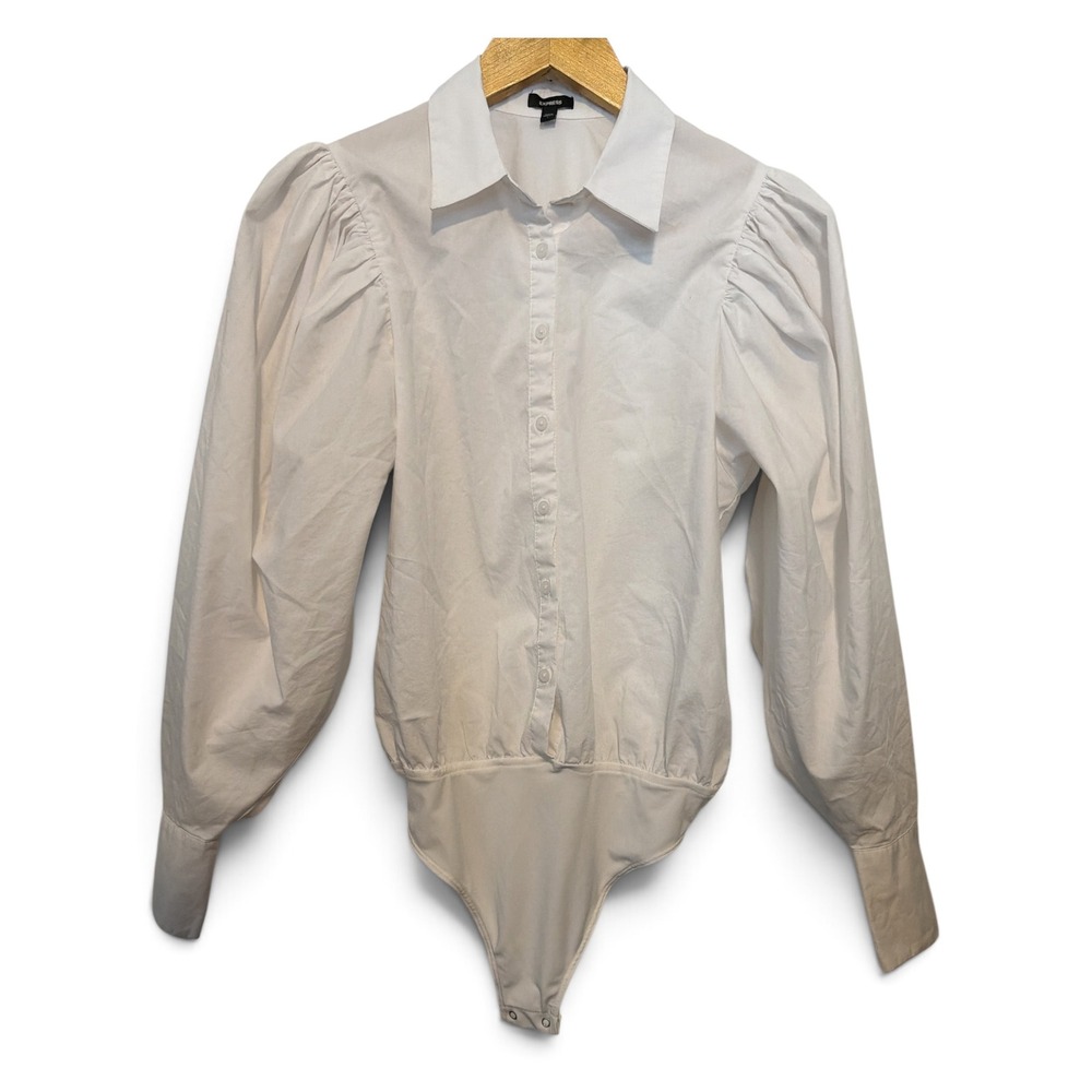 Express Womens White Puff Shoulder Button Down Shirt Bodysuit Long Sleeve